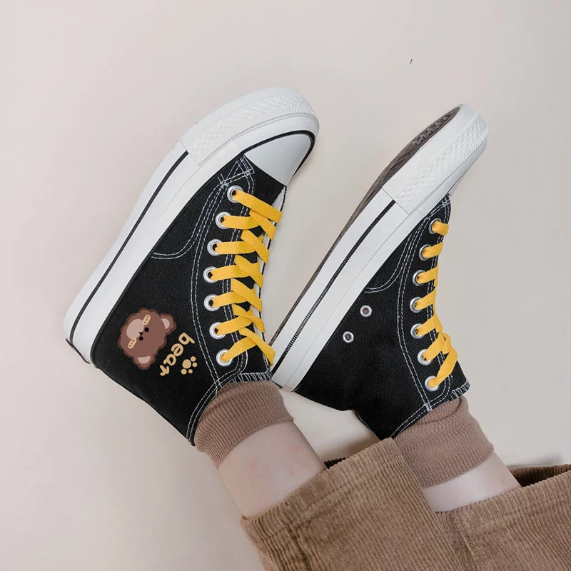 Teddy Bear Anime Black Canvas High Tops