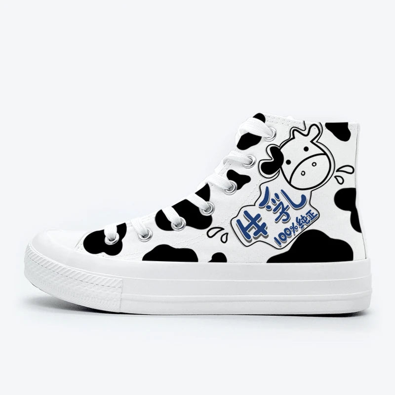 Playful cow-themed canvas shoes