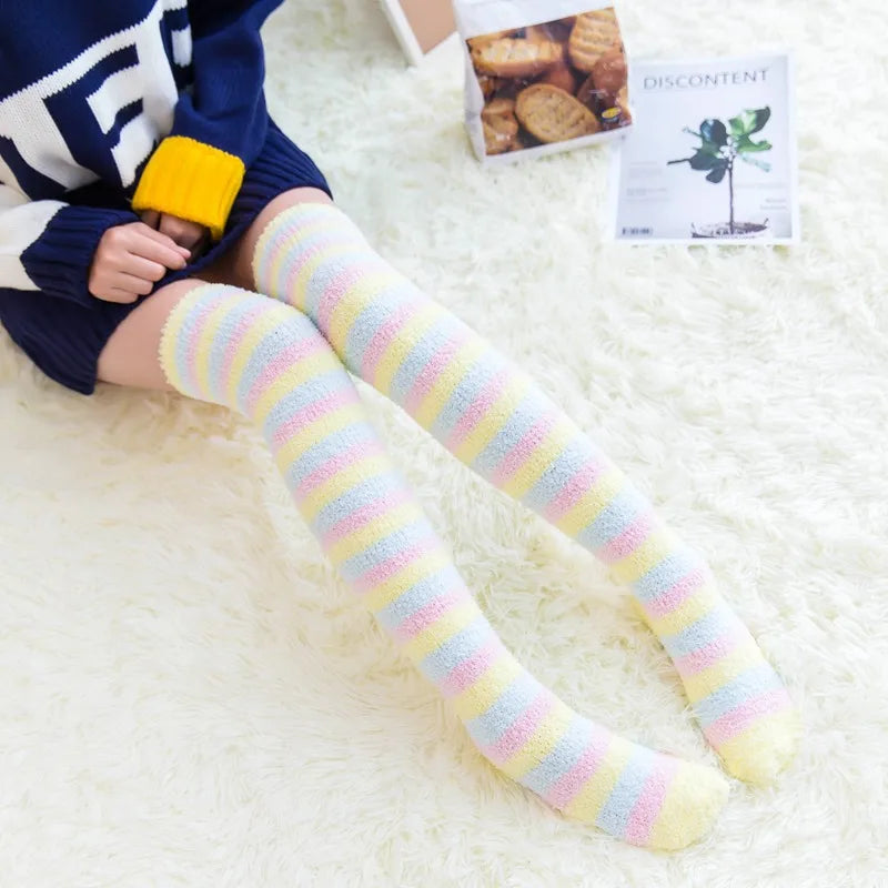 Soft Coral Fleece Thigh High Knee Socks