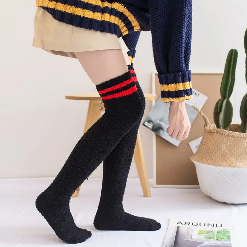 Soft Coral Fleece Thigh High Knee Socks