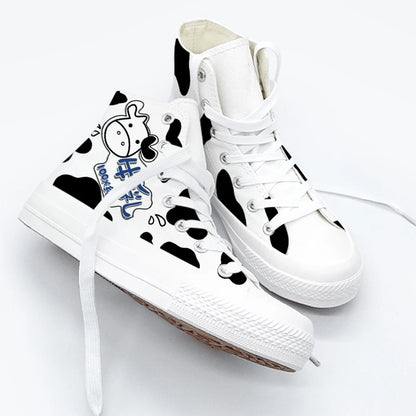 Playful cow-themed canvas shoes