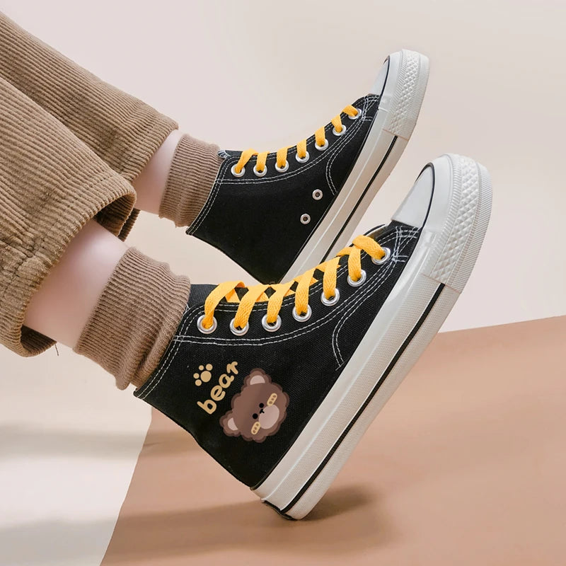 Teddy Bear Anime Black Canvas High Tops