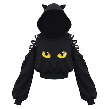 Cat Crop-Top Hoodie with Exposed Shoulders! 😻 🖤