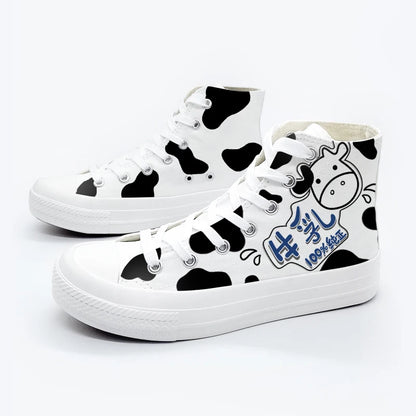 Playful cow-themed canvas shoes