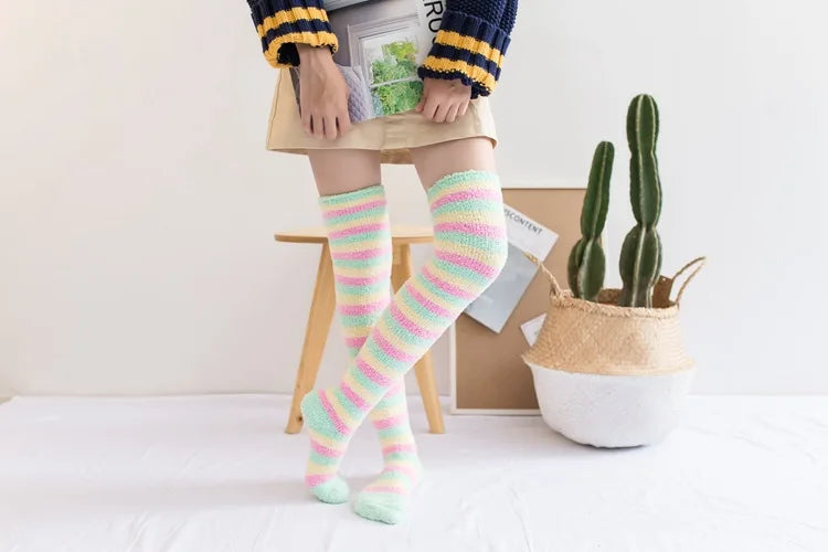 Soft Coral Fleece Thigh High Knee Socks