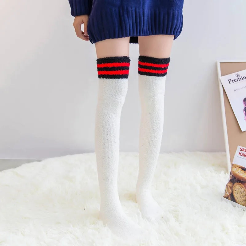 Soft Coral Fleece Thigh High Knee Socks