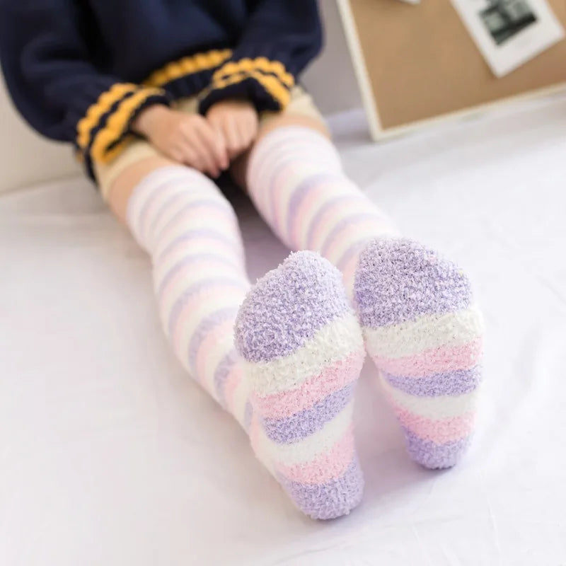 Soft Coral Fleece Thigh High Knee Socks