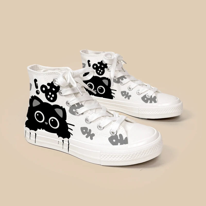 Adorable black and white cat-themed high-tops.