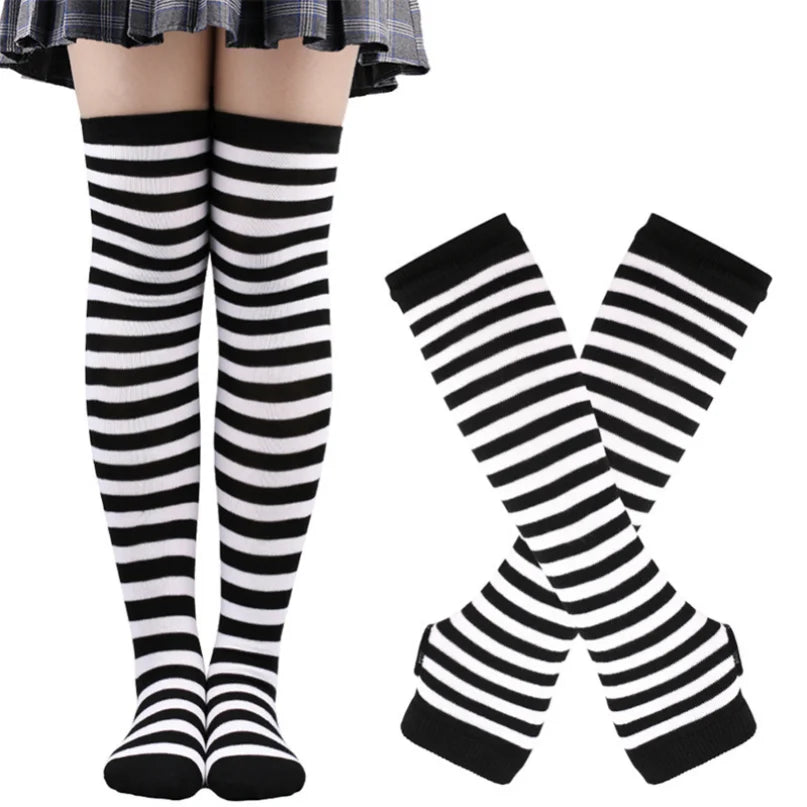 Matching Striped Arm Warmers And Thigh-High Socks