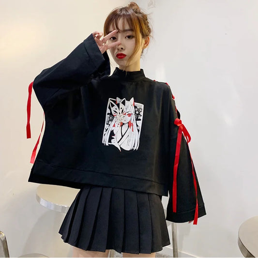 Fox Girl Print Sweatshirt with Ribbon Lace-Up Detail