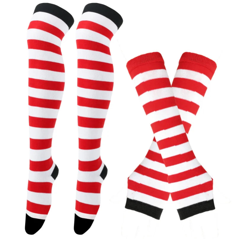 Matching Striped Arm Warmers And Thigh-High Socks