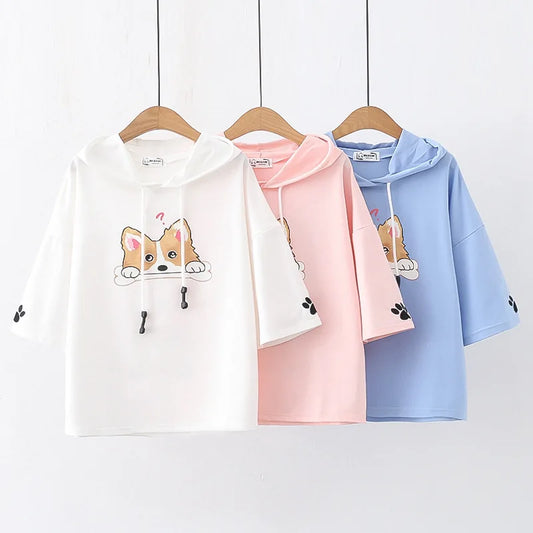 Corgi Print Hooded T-Shirt