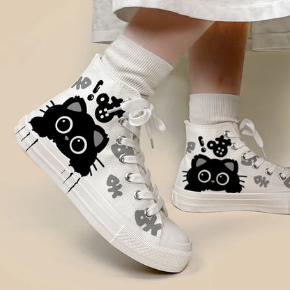 Adorable black and white cat-themed high-tops.