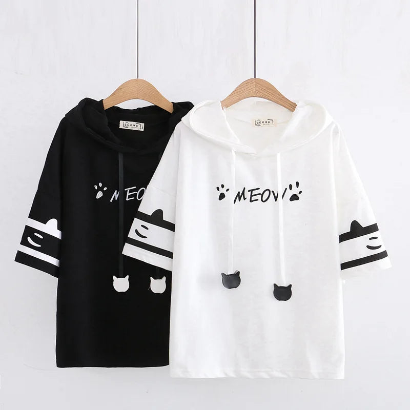 Hooded T-Shirt with Cat Ears