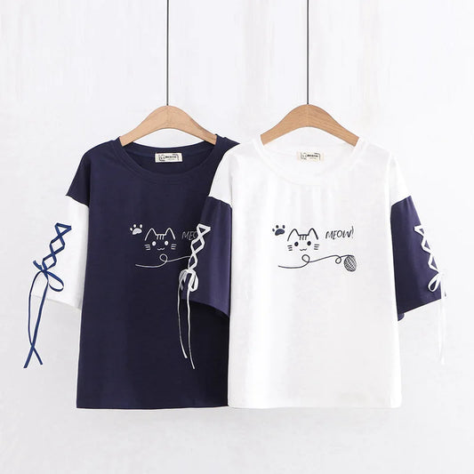 Cute Cat Themed T-Shirt with  Ribbon