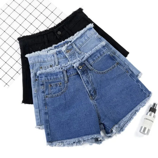 High waist Jeans Shorts with Rough-edges