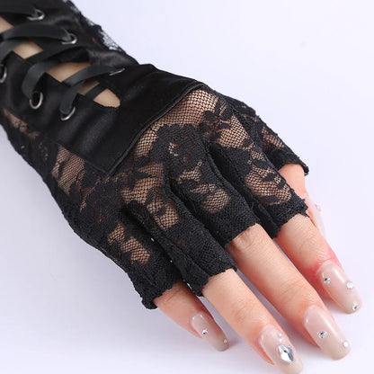 Elbow-Length Lace Gloves with Ribbon Detail