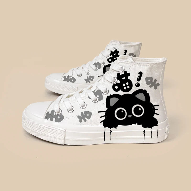 Adorable black and white cat-themed high-tops.