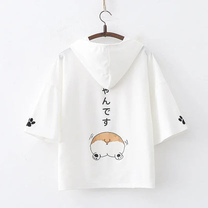 Corgi Print Hooded T-Shirt