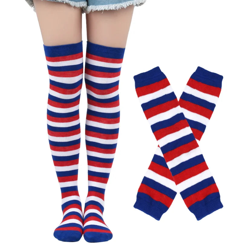 Matching Striped Arm Warmers And Thigh-High Socks