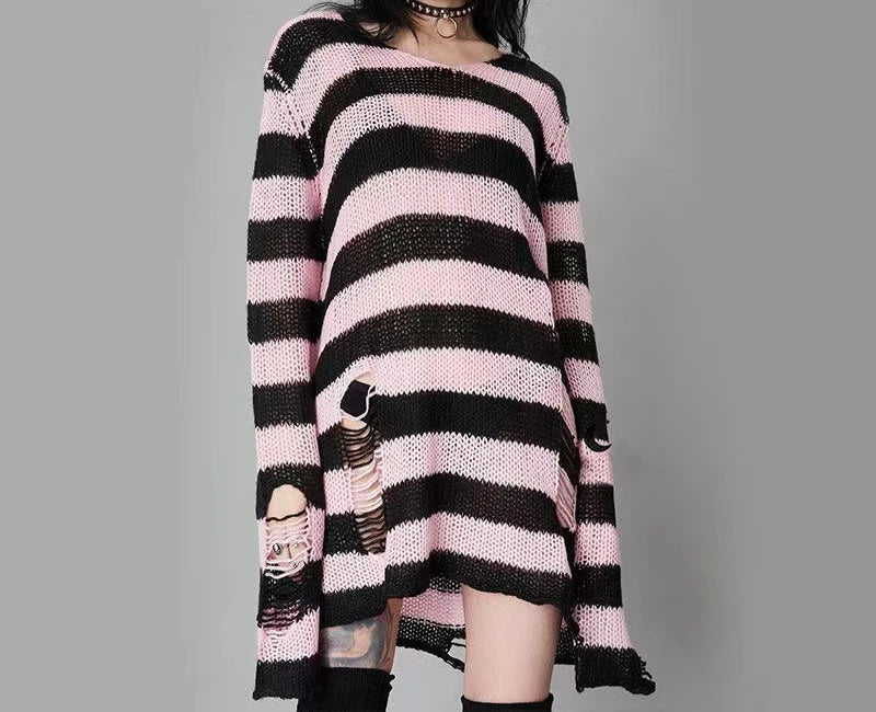 Chic Gothic Striped Sweater with Distressed Details