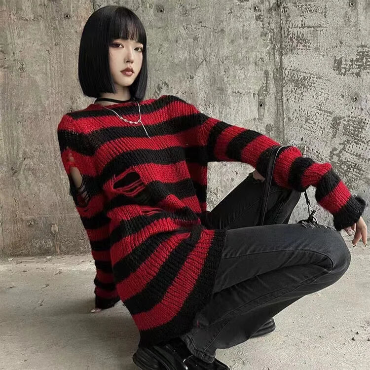 Chic Gothic Striped Sweater with Distressed Details